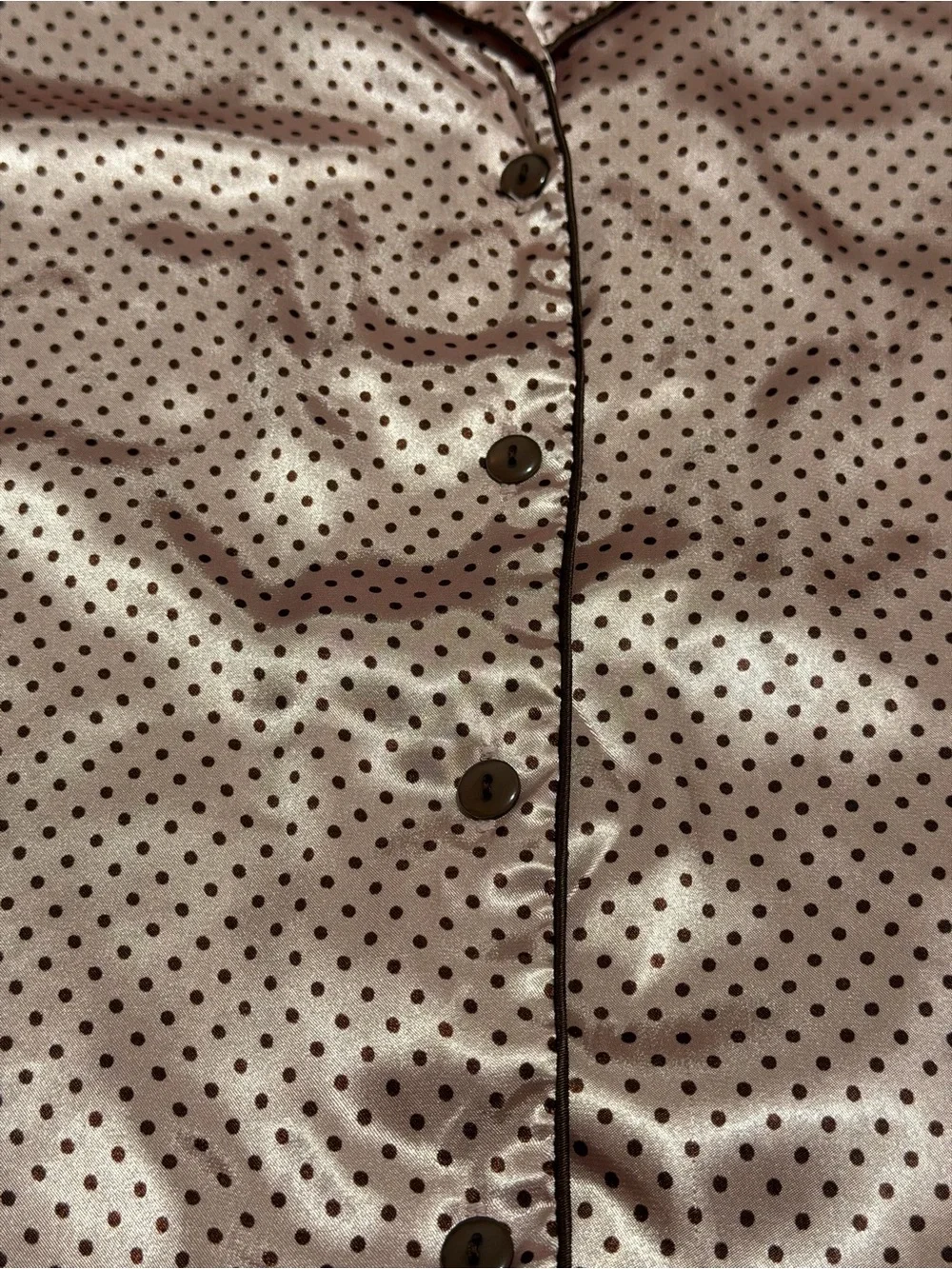 Sleeveless Pink Polka Dot Satin Pajama Set with Brown Trim